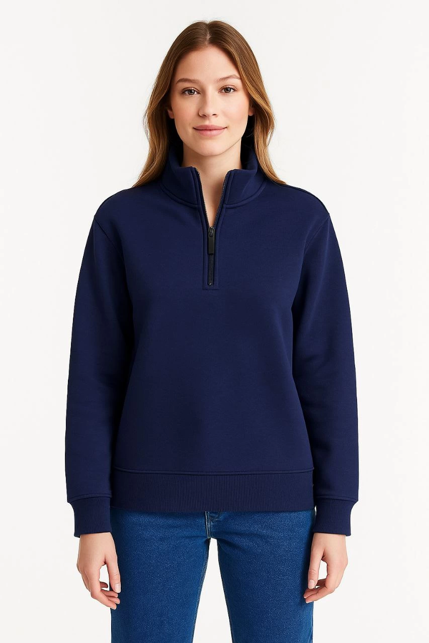 Kadın 3 İplik Pamuklu Dık Yaka Yarım Fermuarlı SweatShirt - Lacivert