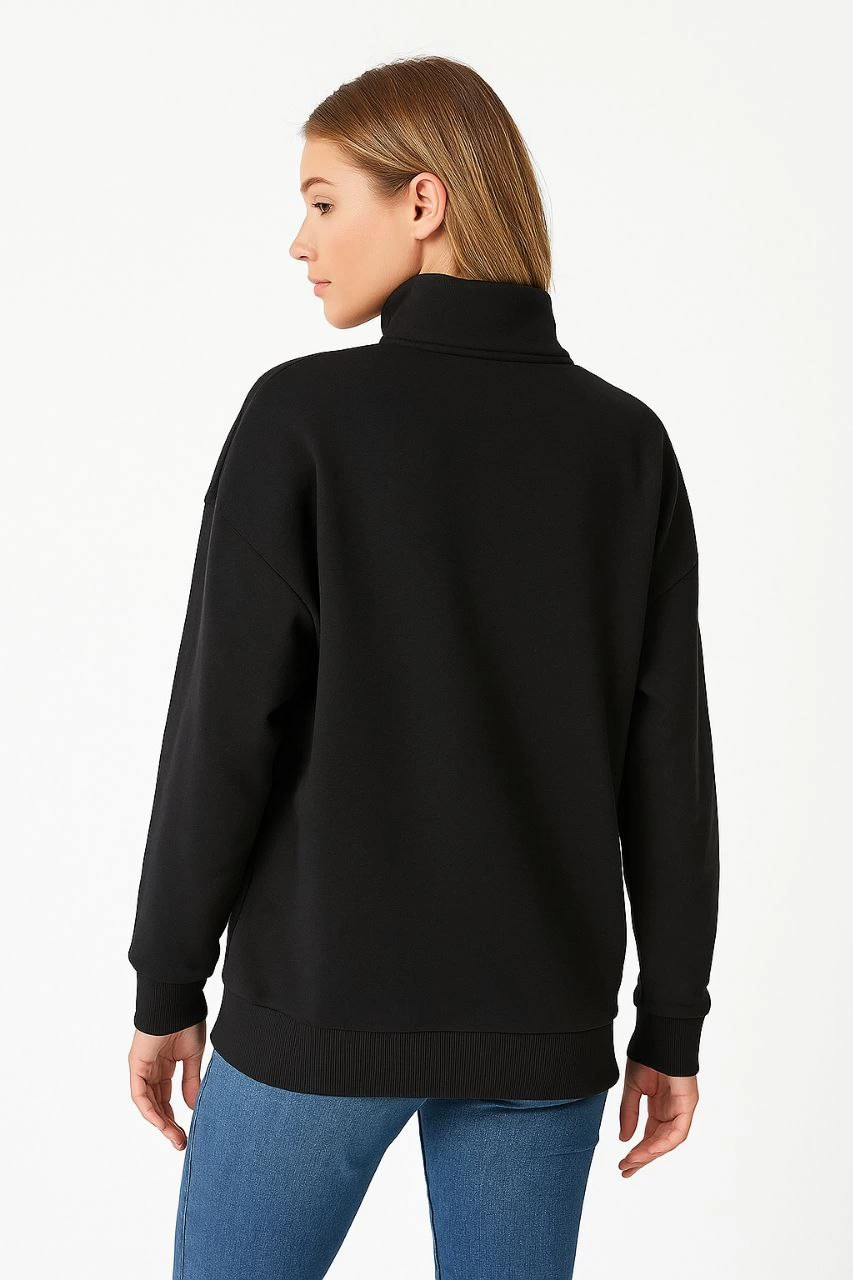 Kadın 3 İplik Pamuklu Dık Yaka Yarım Fermuarlı SweatShirt - Siyah