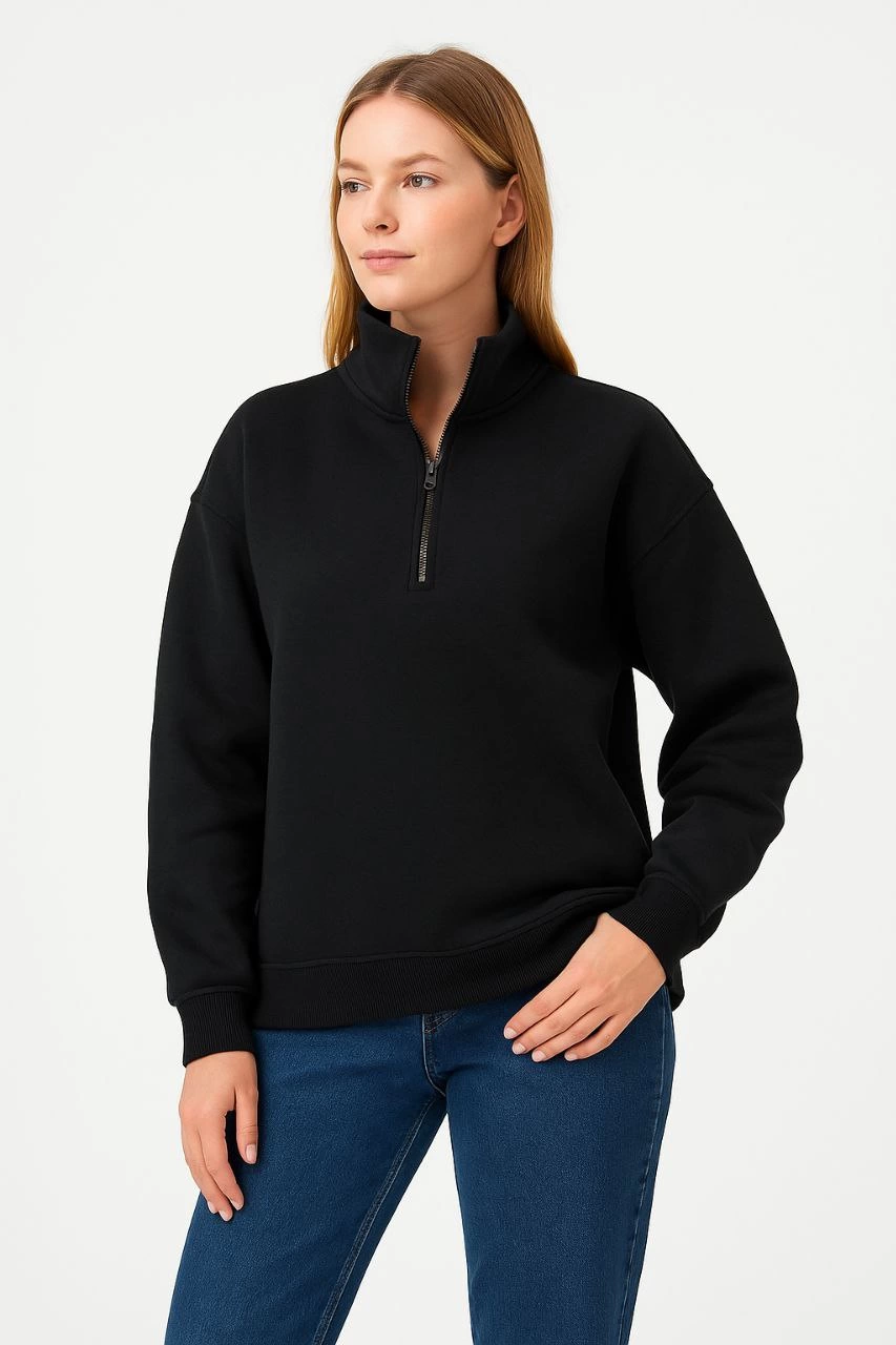 Kadın 3 İplik Pamuklu Dık Yaka Yarım Fermuarlı SweatShirt - Siyah