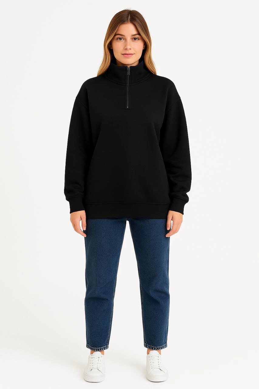 Kadın 3 İplik Pamuklu Dık Yaka Yarım Fermuarlı SweatShirt - Siyah