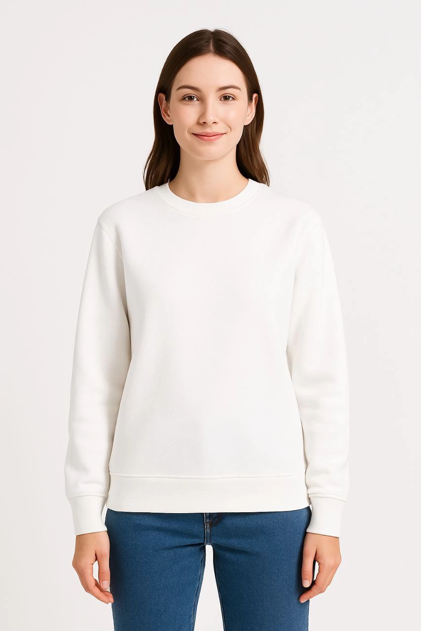 Kadın 3 İplik Pamuklu Düz Bisiklet Yaka SweatShirt - Beyaz