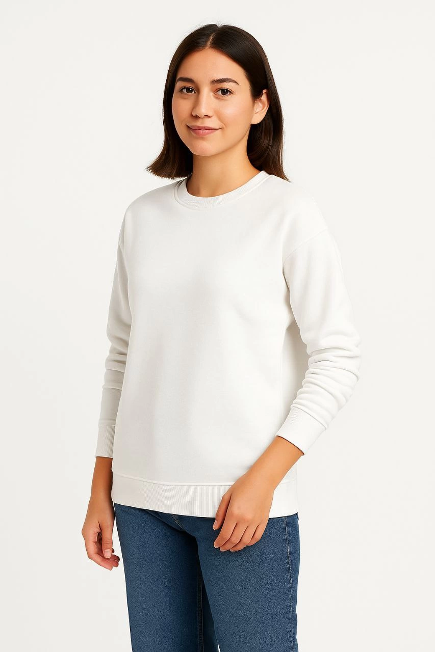 Kadın 3 İplik Pamuklu Düz Bisiklet Yaka SweatShirt - Beyaz