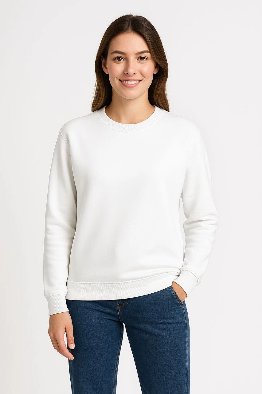 Kadın 3 İplik Pamuklu Düz Bisiklet Yaka SweatShirt - Beyaz