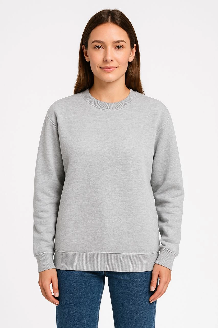 Kadın 3 İplik Pamuklu Düz Bisiklet Yaka SweatShirt - Gri