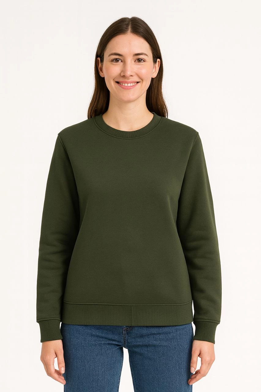 Kadın 3 İplik Pamuklu Düz Bisiklet Yaka SweatShirt - Haki