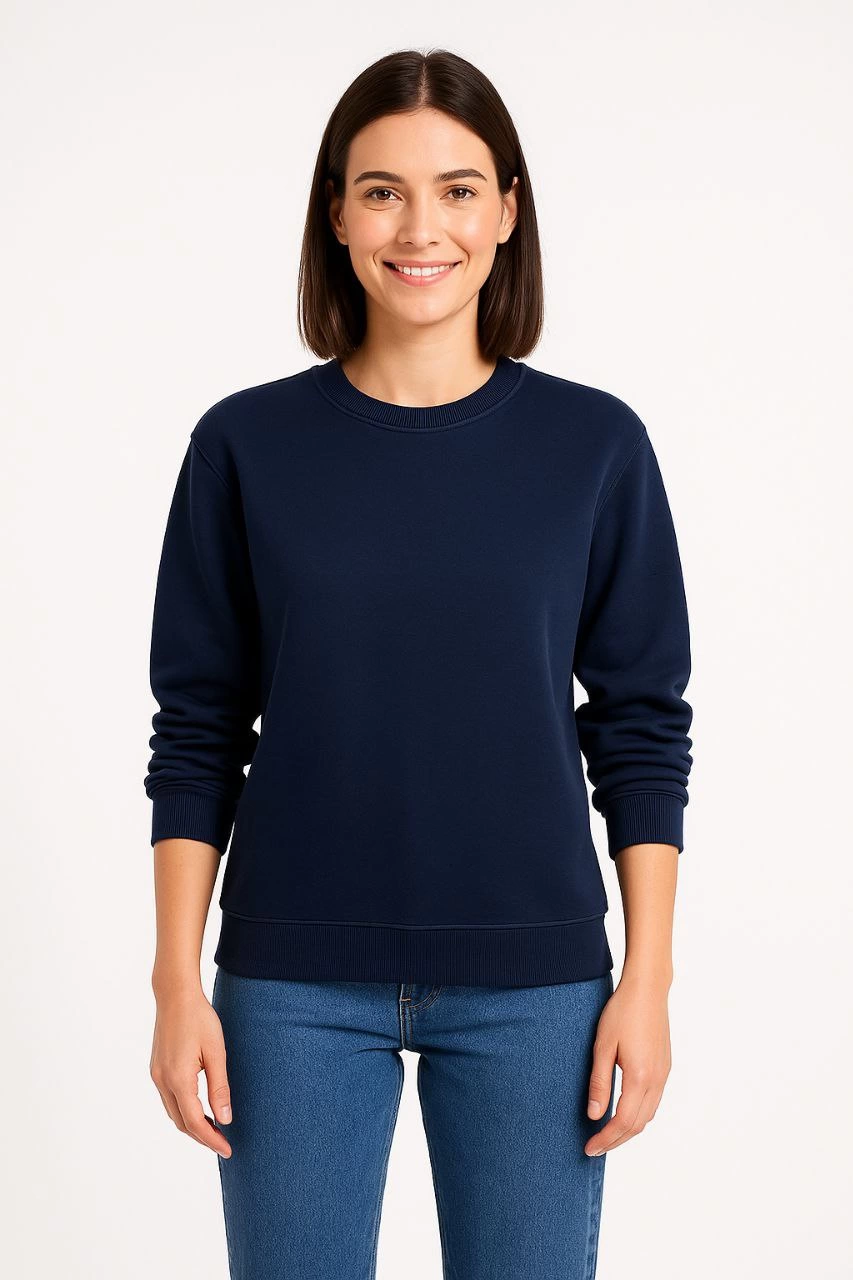 Kadın 3 İplik Pamuklu Düz Bisiklet Yaka SweatShirt - Lacivert