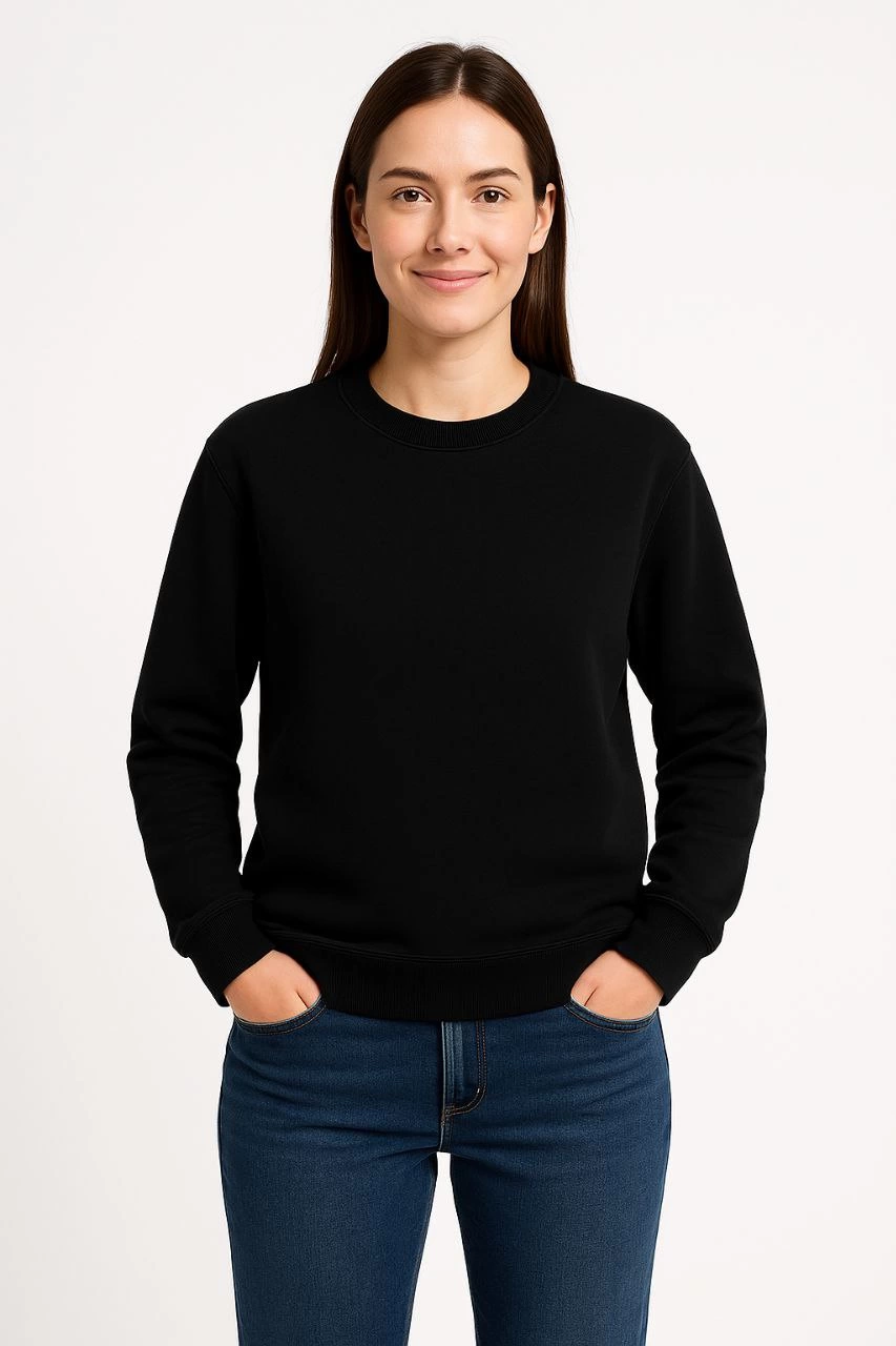 Kadın 3 İplik Pamuklu Düz Bisiklet Yaka SweatShirt - Siyah