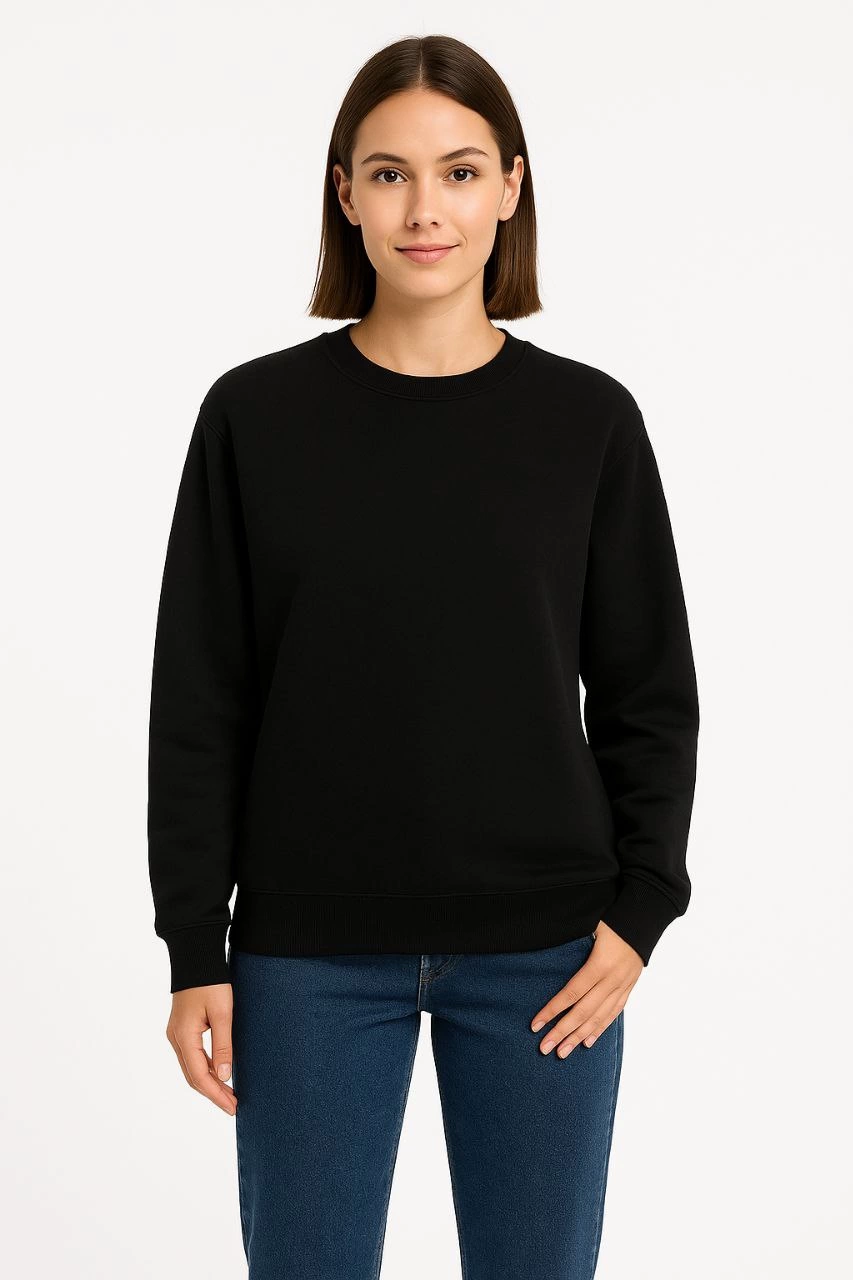 Kadın 3 İplik Pamuklu Düz Bisiklet Yaka SweatShirt - Siyah