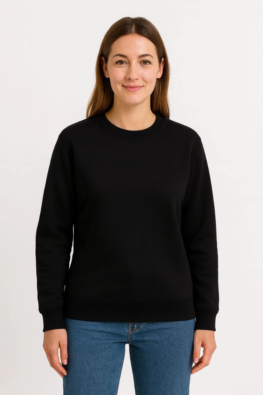 Kadın 3 İplik Pamuklu Düz Bisiklet Yaka SweatShirt - Siyah