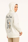 Kadın Oversize Kapüşonlu Kanguru Cepli Baskılı 3 İplik Pamuklu Sweatshirt Hoodie - Beyaz