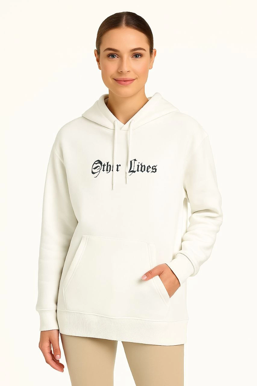 Kadın Oversize Kapüşonlu Kanguru Cepli Baskılı 3 İplik Pamuklu Sweatshirt Hoodie - Beyaz