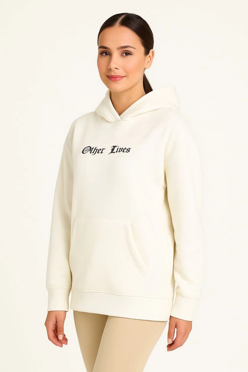 Kadın Oversize Kapüşonlu Kanguru Cepli Baskılı 3 İplik Pamuklu Sweatshirt Hoodie - Beyaz