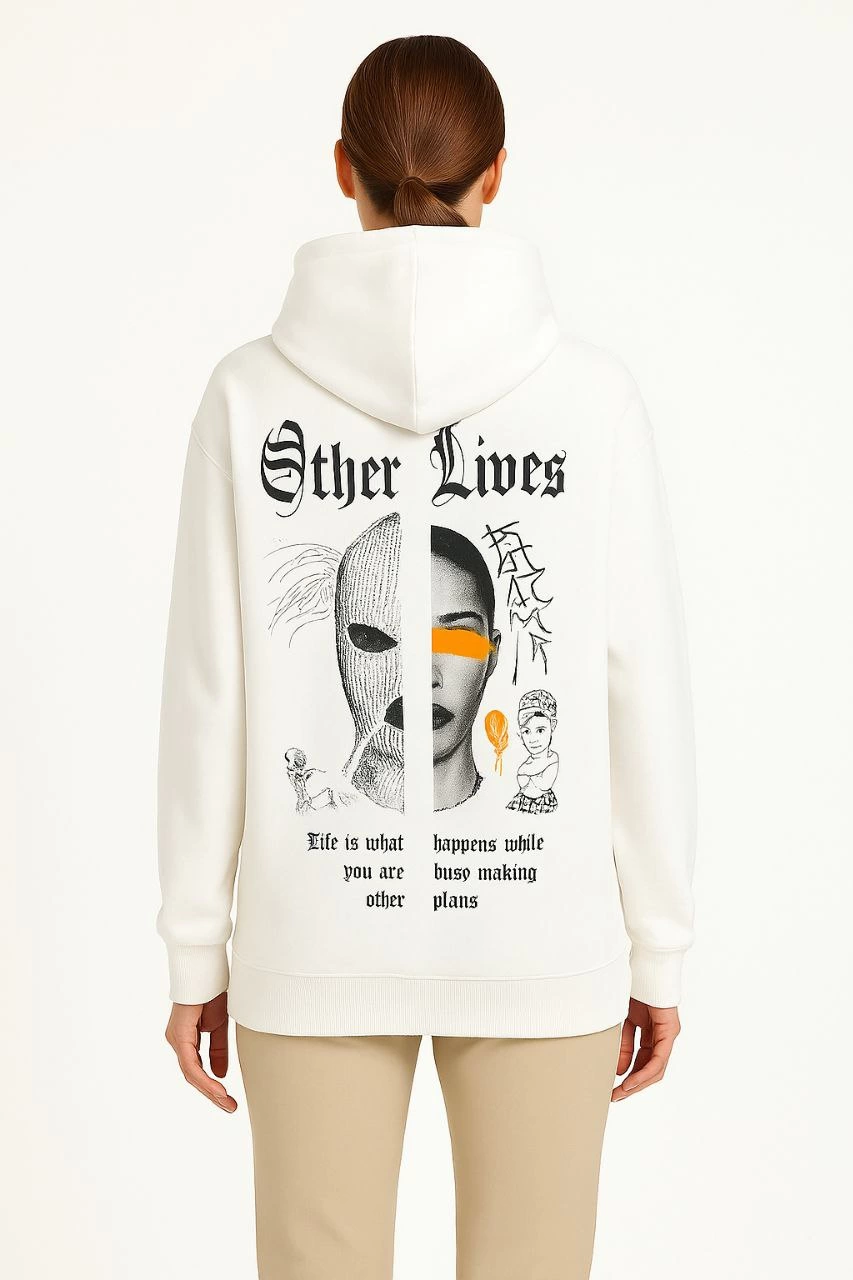 Kadın Oversize Kapüşonlu Kanguru Cepli Baskılı 3 İplik Pamuklu Sweatshirt Hoodie - Beyaz