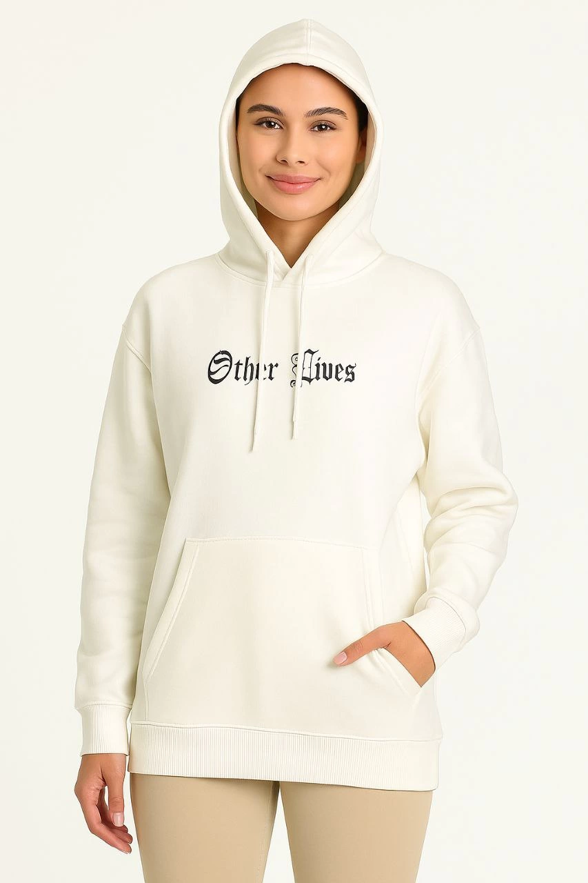 Kadın Oversize Kapüşonlu Kanguru Cepli Baskılı 3 İplik Pamuklu Sweatshirt Hoodie - Beyaz