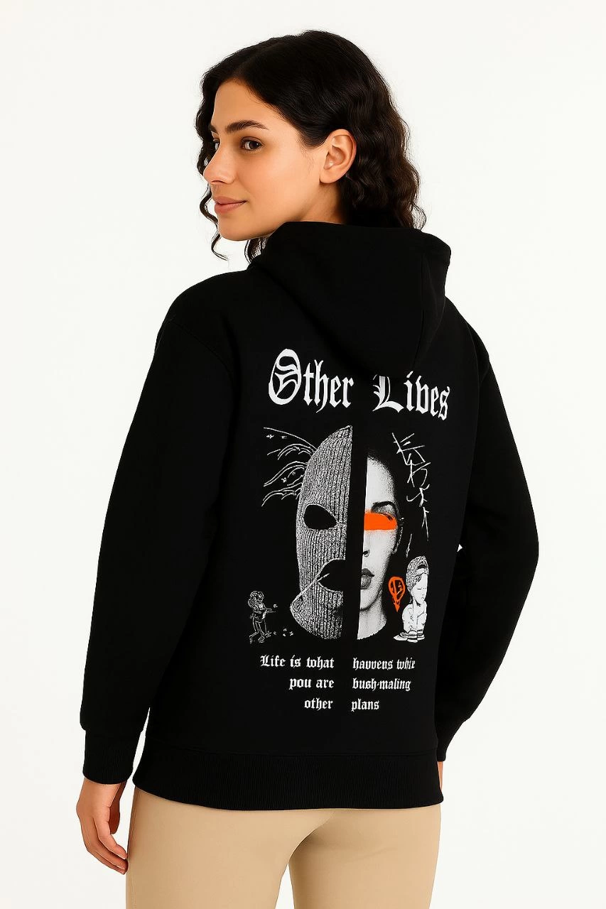 Kadın Kapüşonlu Kanguru Cepli Sweatshirt 3 İplik Pamuklu Baskılı Hoodie - Siyah
