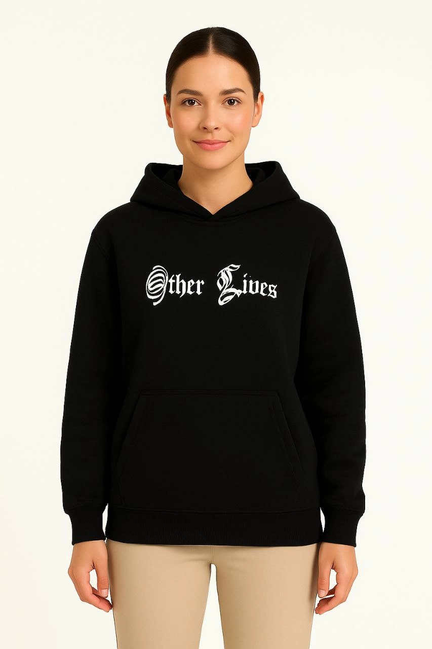 Kadın Kapüşonlu Kanguru Cepli Sweatshirt 3 İplik Pamuklu Baskılı Hoodie - Siyah