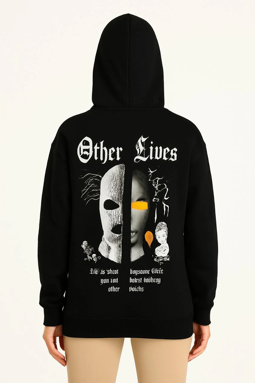 Kadın Kapüşonlu Kanguru Cepli Sweatshirt 3 İplik Pamuklu Baskılı Hoodie - Siyah