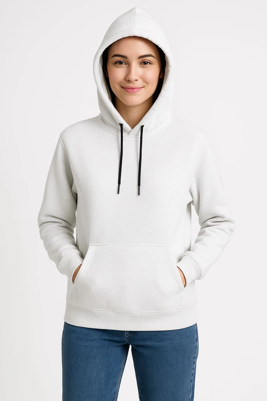 Kadın Kapüşonlu Kanguru Cepli 3 İplik Pamuklu Oversize Hoodie Sweatshirt - Beyaz