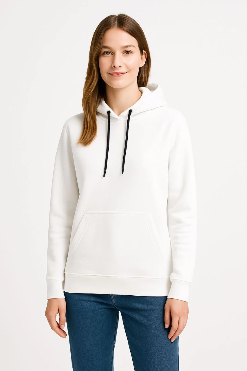 Kadın Kapüşonlu Kanguru Cepli 3 İplik Pamuklu Oversize Hoodie Sweatshirt - Beyaz