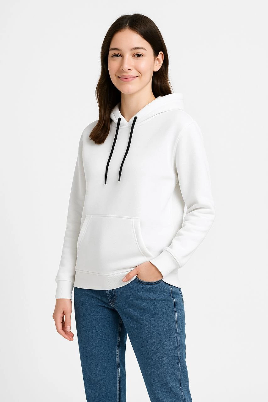 Kadın Kapüşonlu Kanguru Cepli 3 İplik Pamuklu Oversize Hoodie Sweatshirt - Beyaz