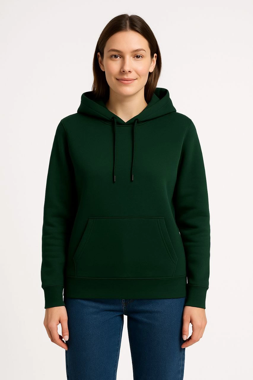 Kadın 3 İplik Pamuklu Kapüşonlu Kanguru Cepli Sweatshirt hoodie - Haki