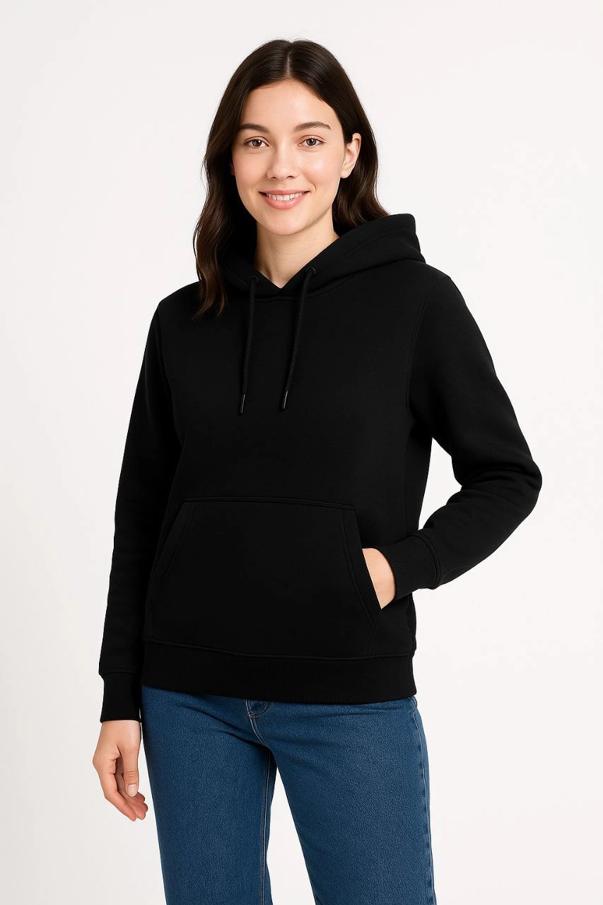 Kadın 3 İplik Pamuklu Kapüşonlu Kanguru Cepli Sweatshirt hoodie - Siyah