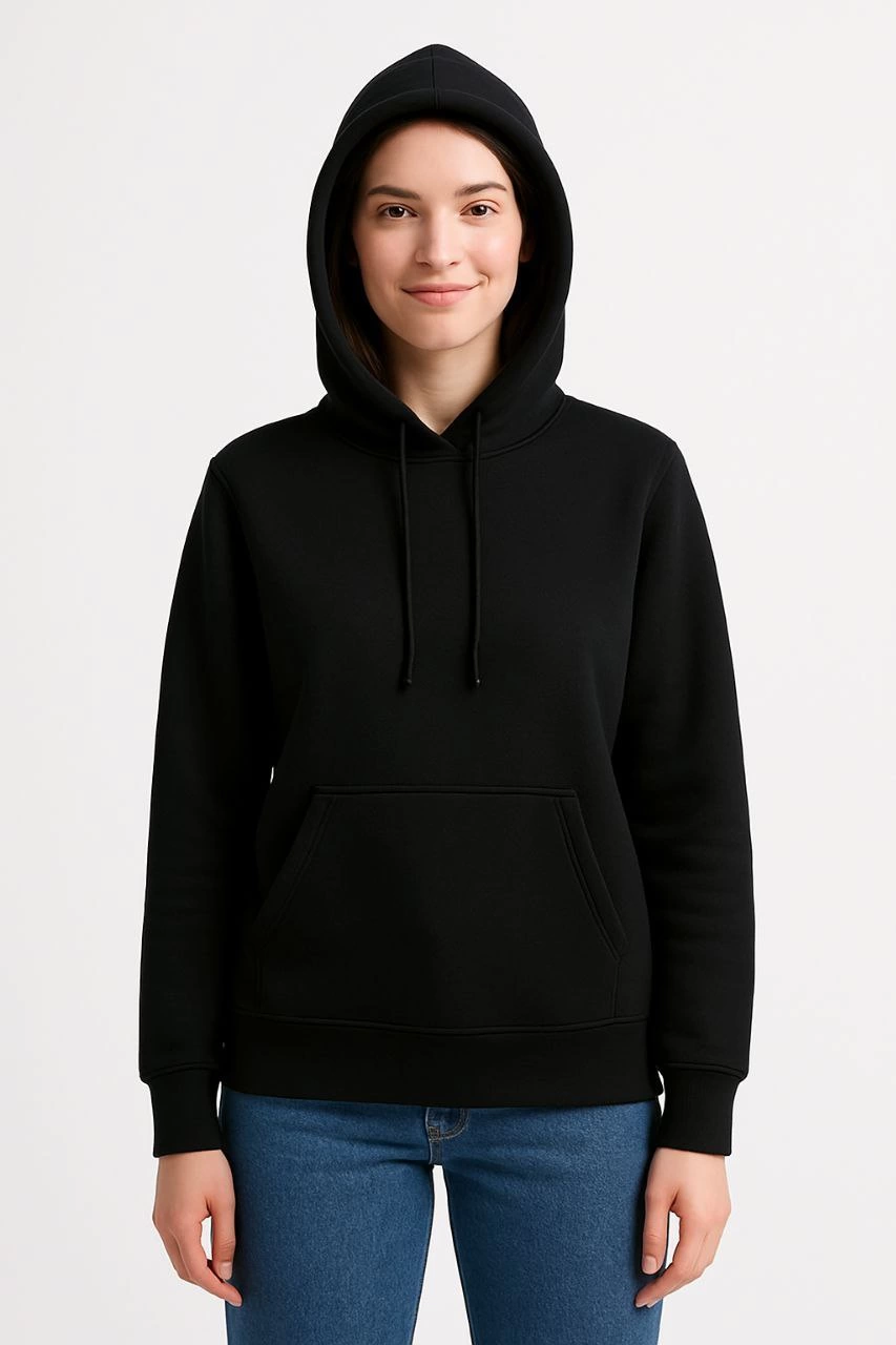 Kadın 3 İplik Pamuklu Kapüşonlu Kanguru Cepli Sweatshirt hoodie - Siyah