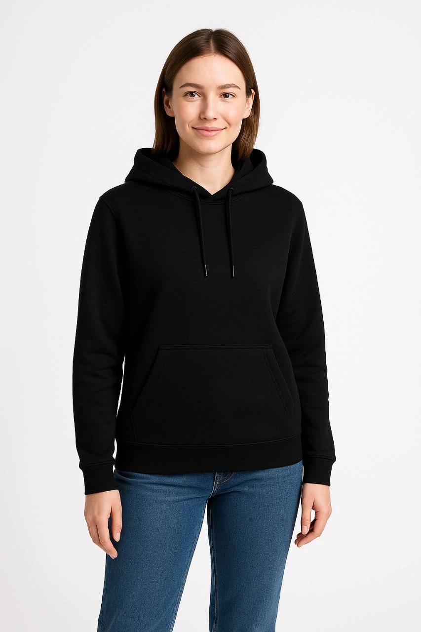 Kadın 3 İplik Pamuklu Kapüşonlu Kanguru Cepli Sweatshirt hoodie - Siyah