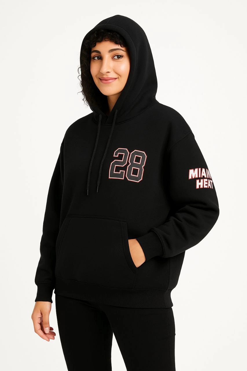 Kadın 3 İplik Pamuklu Kapüşonlu Kanguru Cepli Baskılı Hoodie Sweatshirt - Siyah
