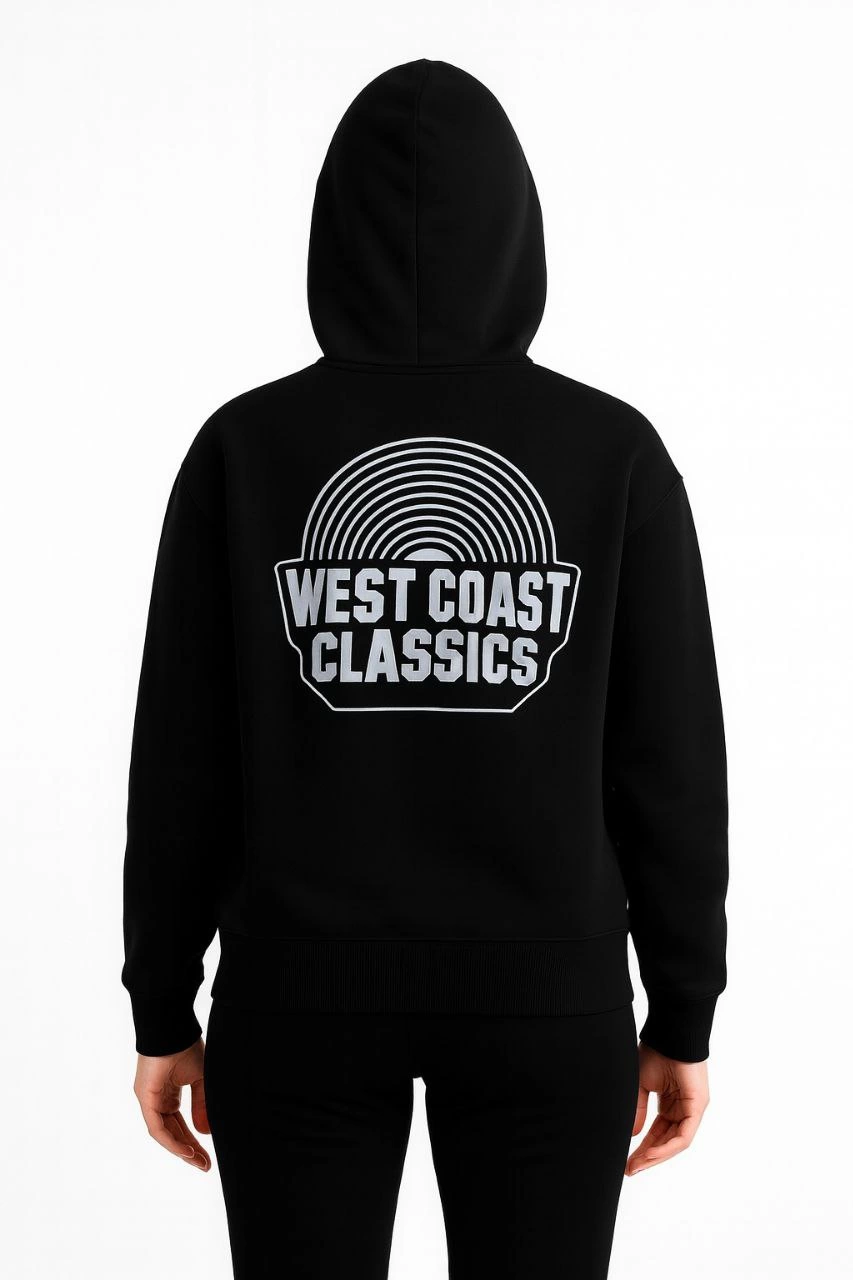 Kadın Oversize Kapüşonlu Cepli Baskılı 3 İplik Pamuklu Hoodie Sweatshirt - Siyah