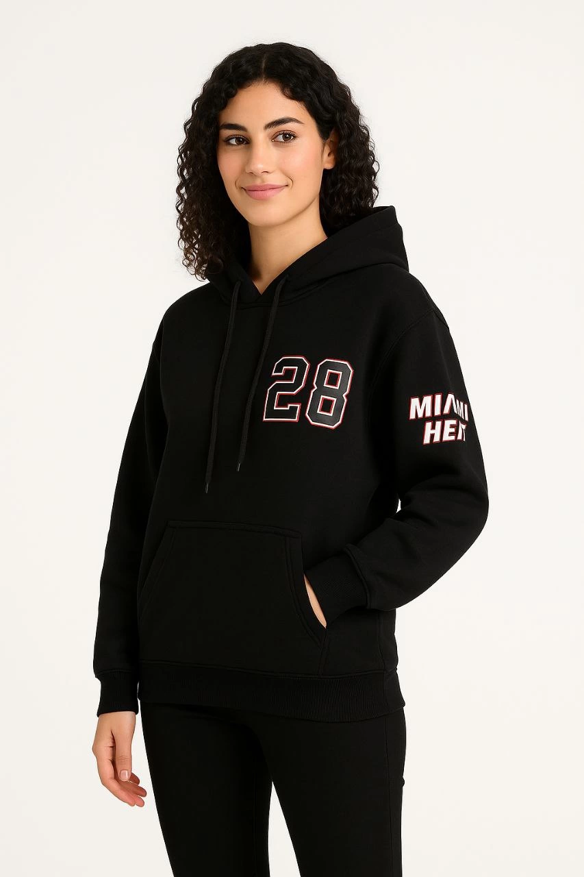 Kadın 3 İplik Pamuklu Kapüşonlu Kanguru Cepli Baskılı Hoodie Sweatshirt - Siyah