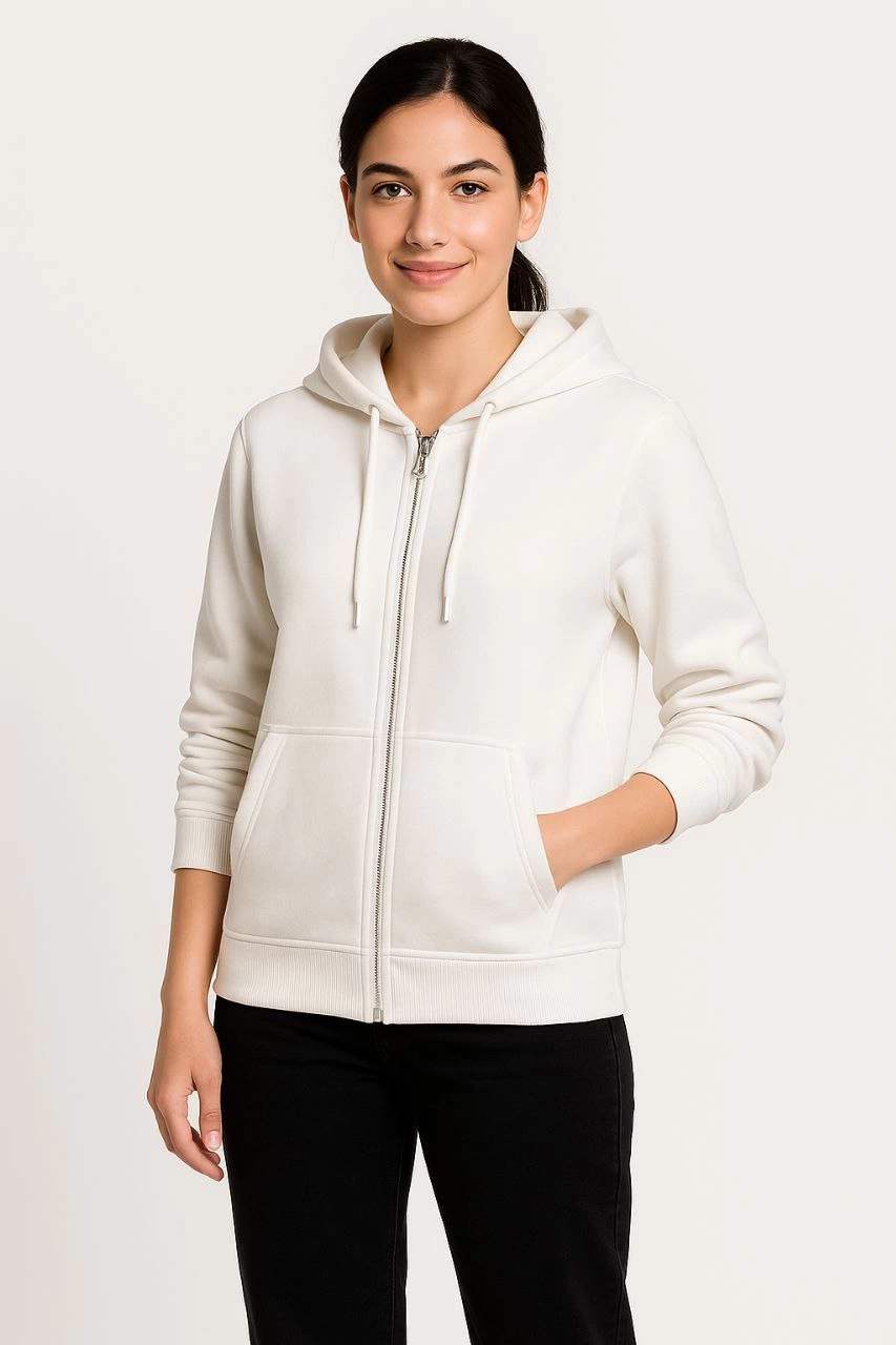 Kadın 3 İplik Kapüşonlu Tam Fermuarlı Kanguru Cepli Sweatshirt Hoodie - Beyaz