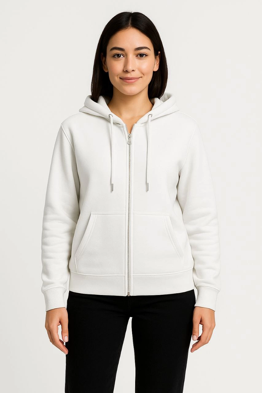 Kadın 3 İplik Kapüşonlu Tam Fermuarlı Kanguru Cepli Sweatshirt Hoodie - Beyaz