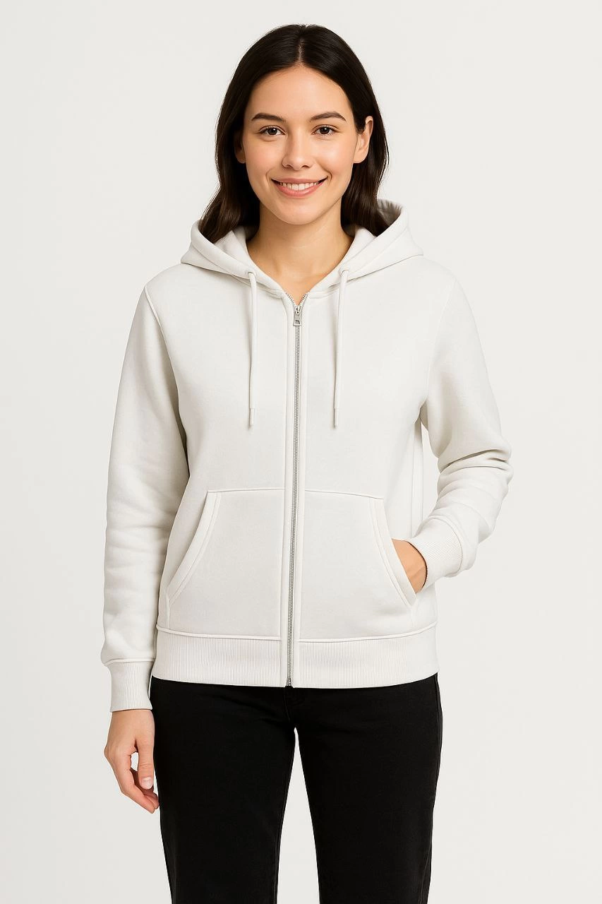 Kadın 3 İplik Kapüşonlu Tam Fermuarlı Kanguru Cepli Sweatshirt Hoodie - Beyaz