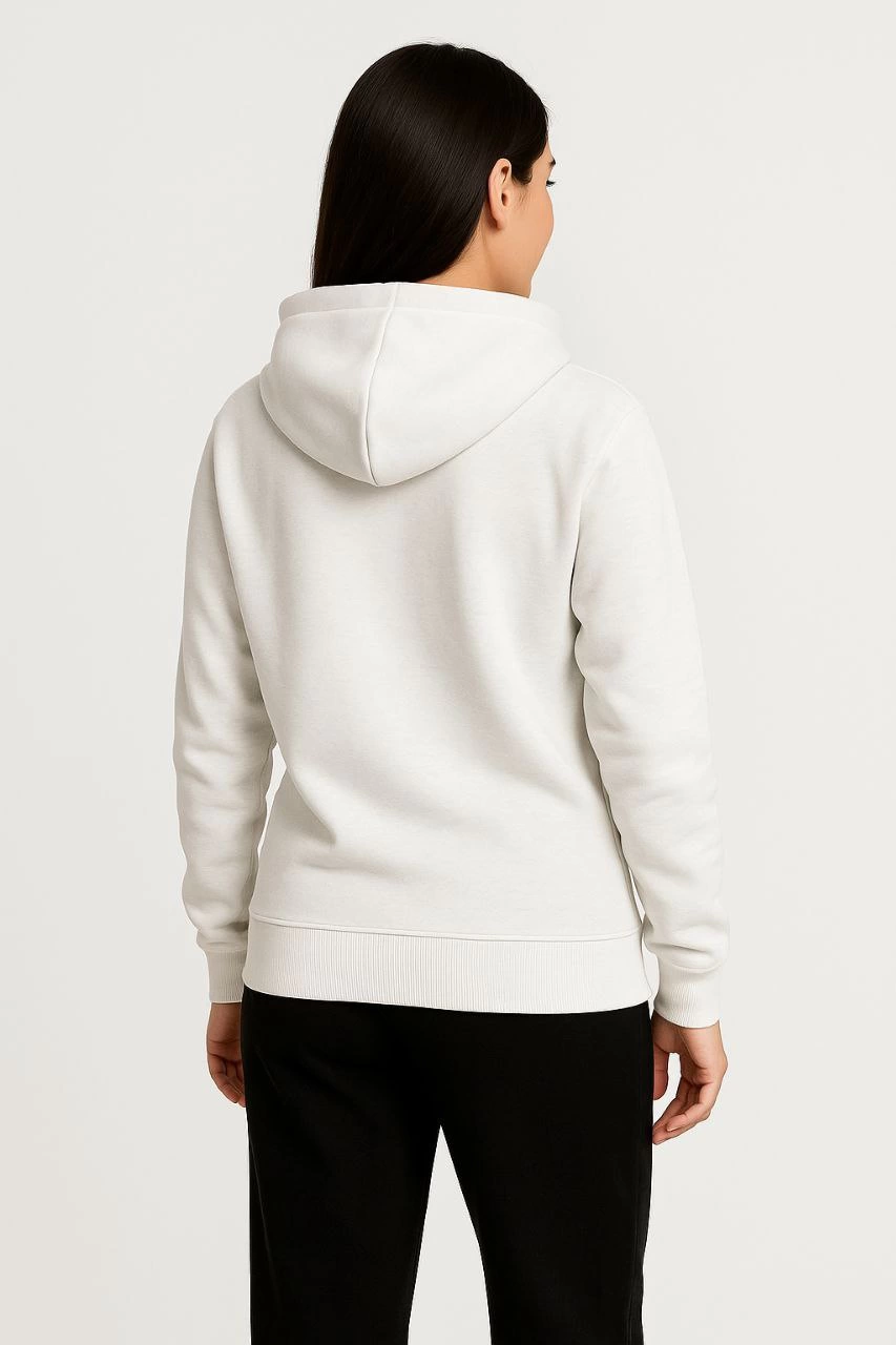 Kadın 3 İplik Kapüşonlu Tam Fermuarlı Kanguru Cepli Sweatshirt Hoodie - Beyaz