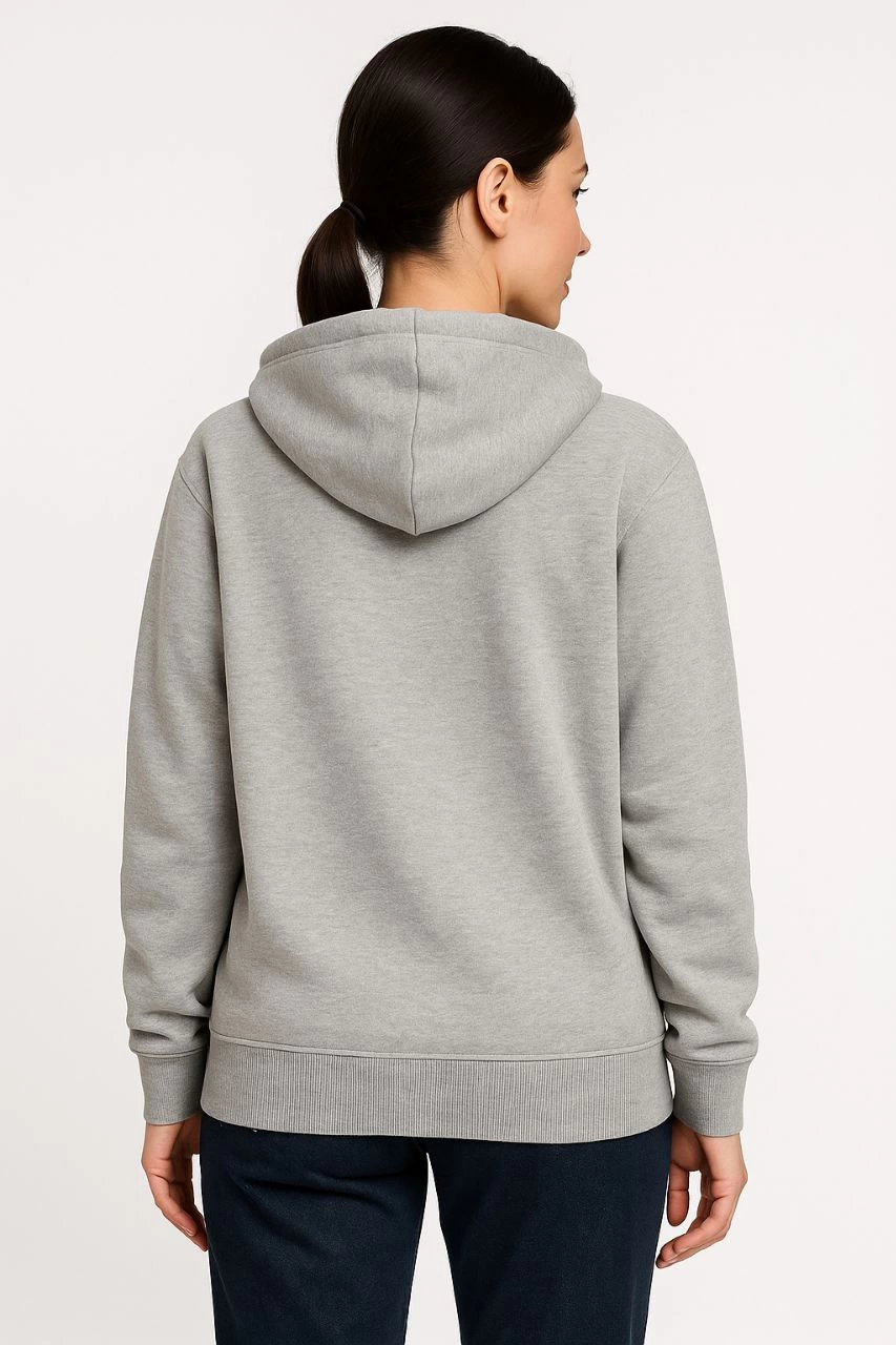 Kadın 3 İplik Pamuklu Kapüşonlu Tam Fermuarlı Kanguru Cepli Sweatshirt Hoodie - Gri