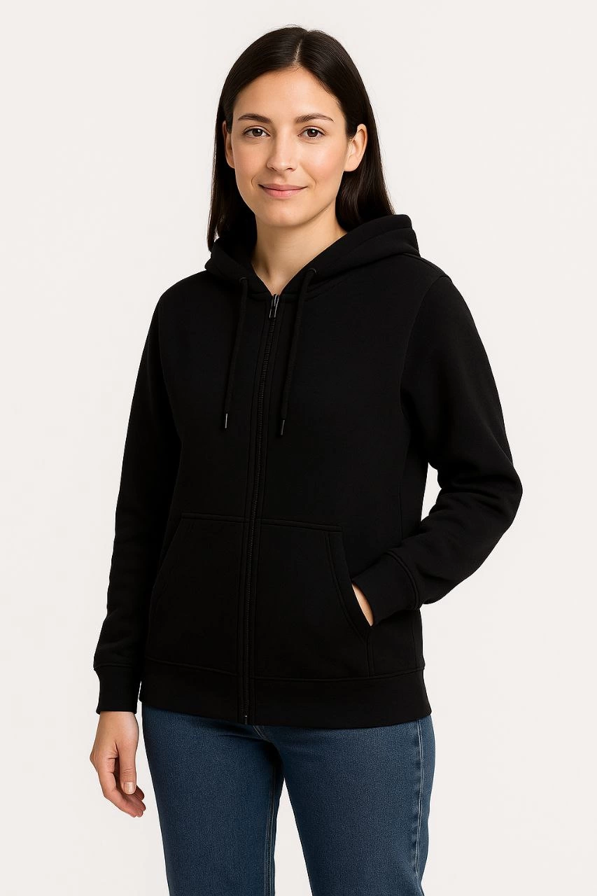 Kadın 3 İplik Kapüşonlu Tam Fermuarlı Kanguru Cepli Sweatshirt Hoodie - Siyah