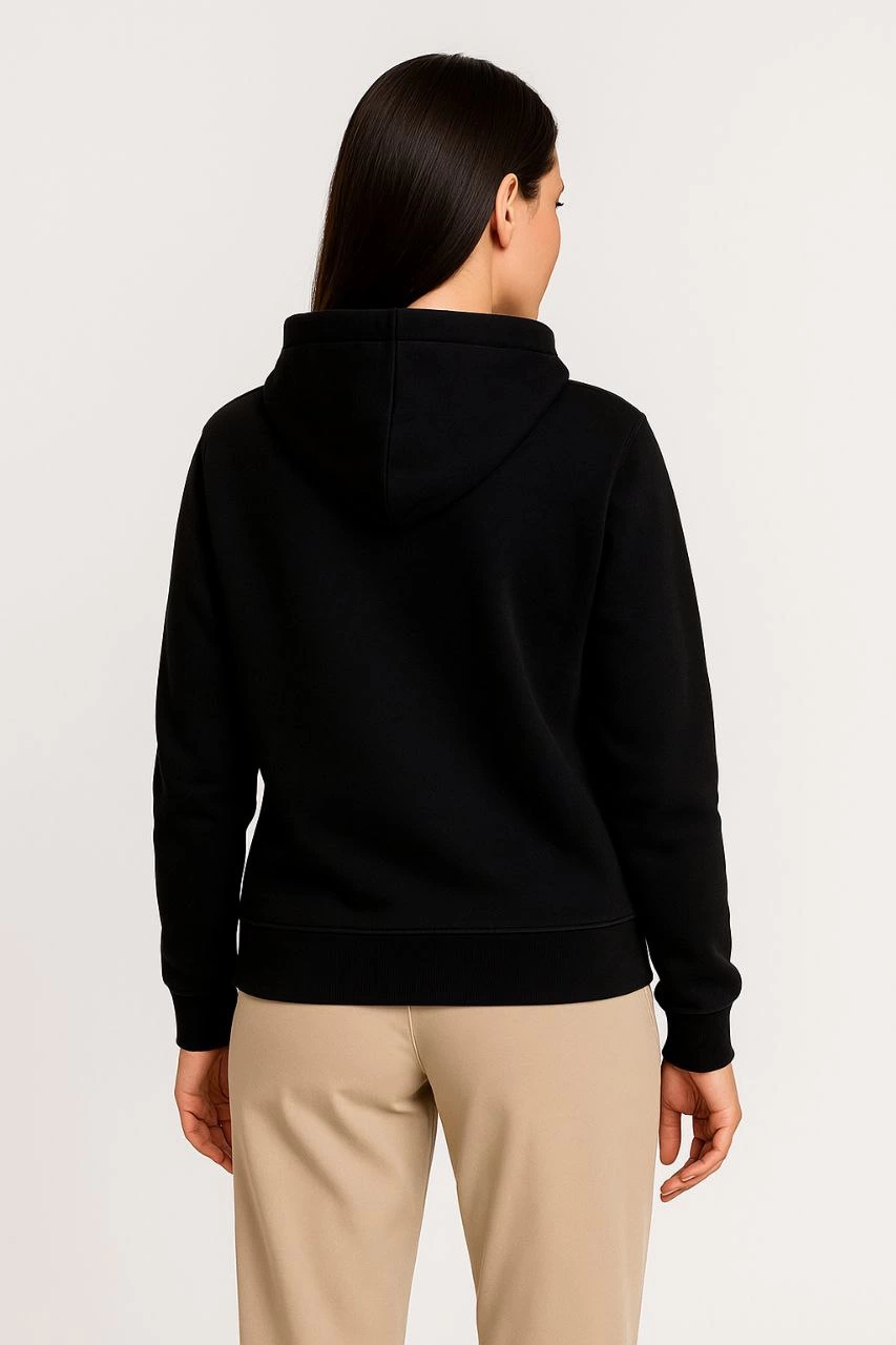 Kadın 3 İplik Kapüşonlu Tam Fermuarlı Kanguru Cepli Sweatshirt Hoodie - Siyah