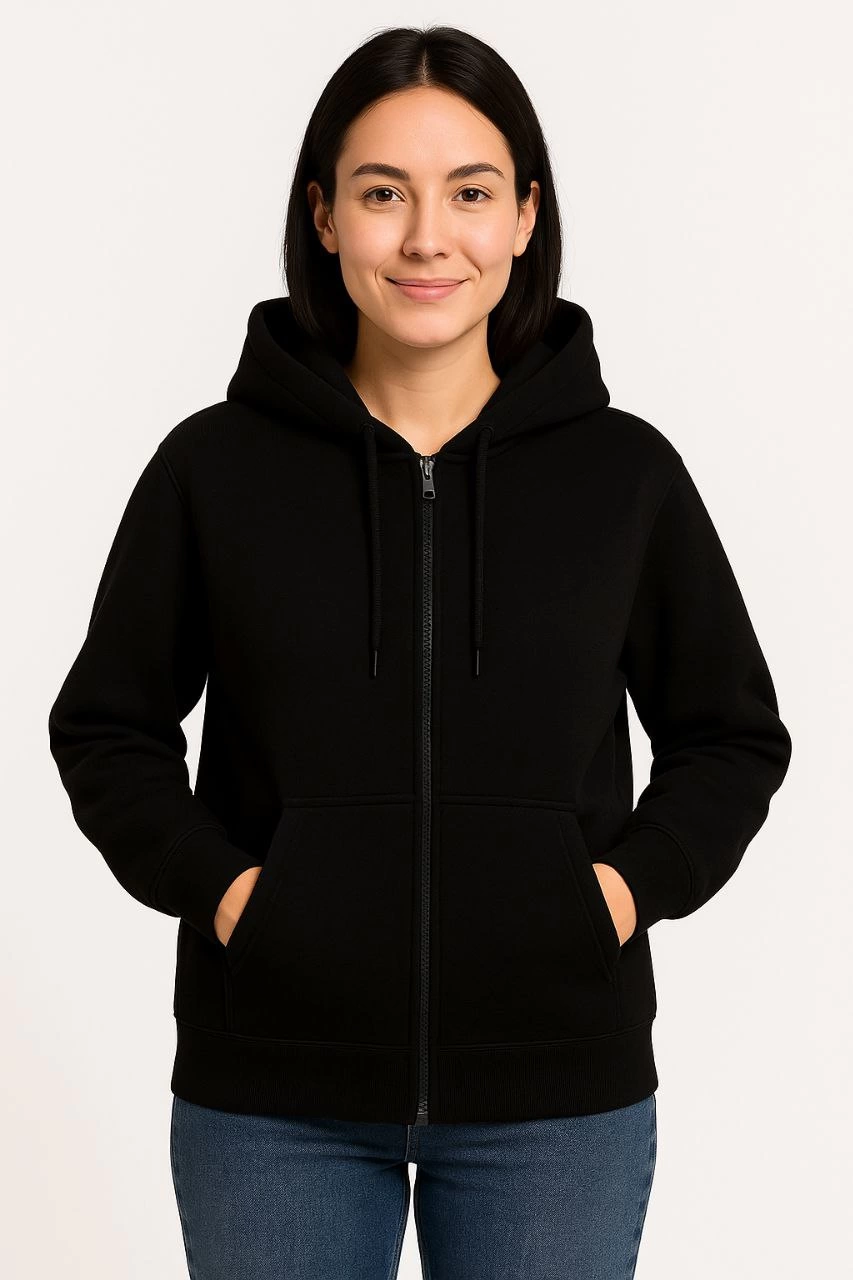 Kadın 3 İplik Kapüşonlu Tam Fermuarlı Kanguru Cepli Sweatshirt Hoodie - Siyah