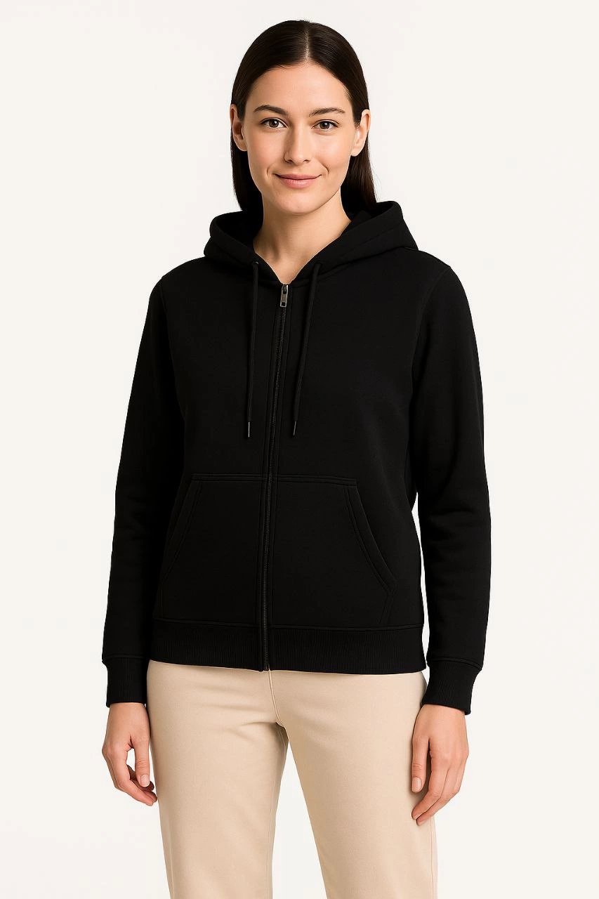 Kadın 3 İplik Kapüşonlu Tam Fermuarlı Kanguru Cepli Sweatshirt Hoodie - Siyah