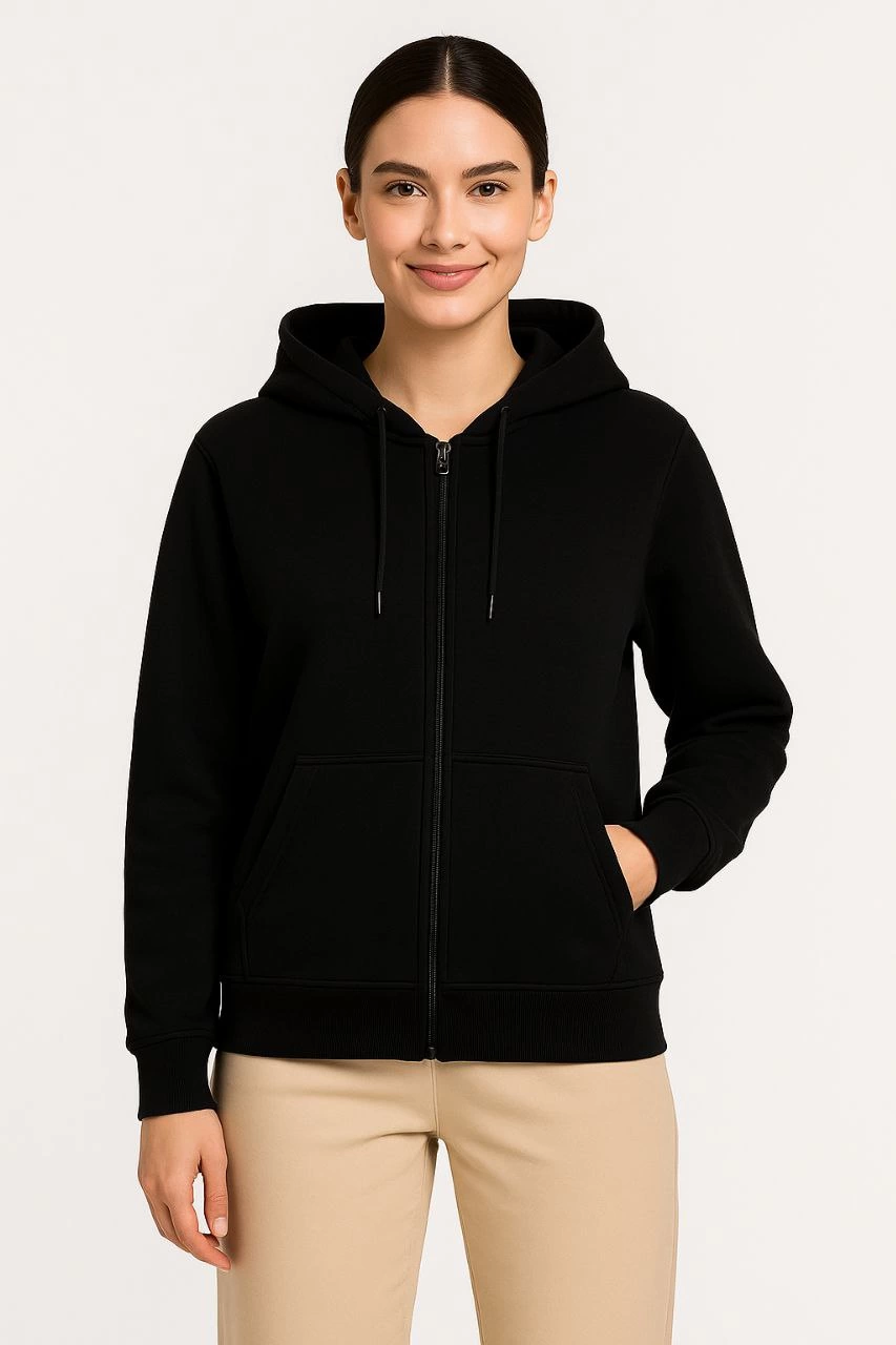 Kadın 3 İplik Kapüşonlu Tam Fermuarlı Kanguru Cepli Sweatshirt Hoodie - Siyah