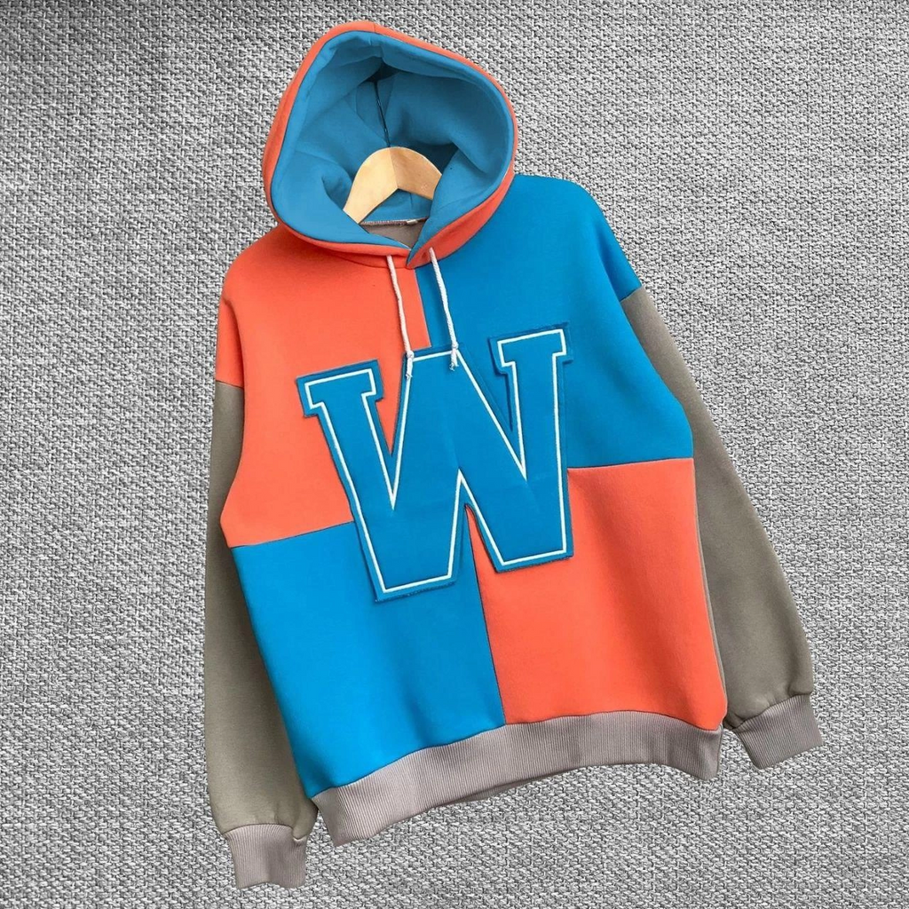 Kadın W Nakış İşlemeli Kapüşonlu 3 iplik pamuklu Parçalı Sweatshirt Hoodie - Mavi
