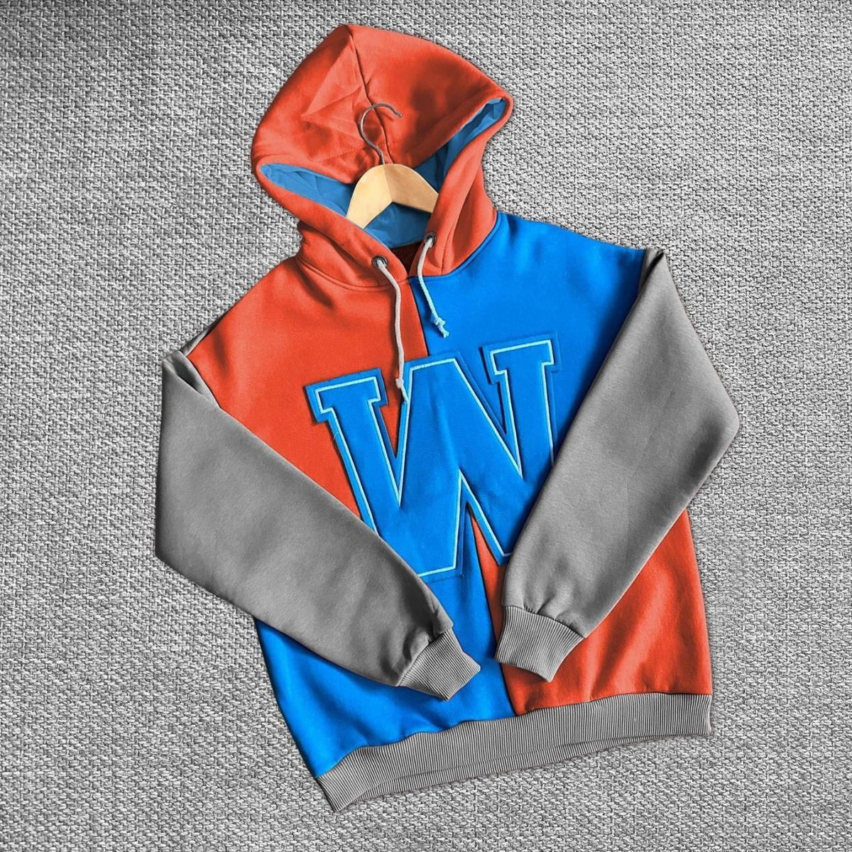 Kadın W Nakış İşlemeli Kapüşonlu 3 iplik pamuklu Parçalı Sweatshirt Hoodie - Mavi