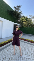 Kadın Yakalı Gömlek Kemerli Şortlu Alt-Üst Takım - Bordo