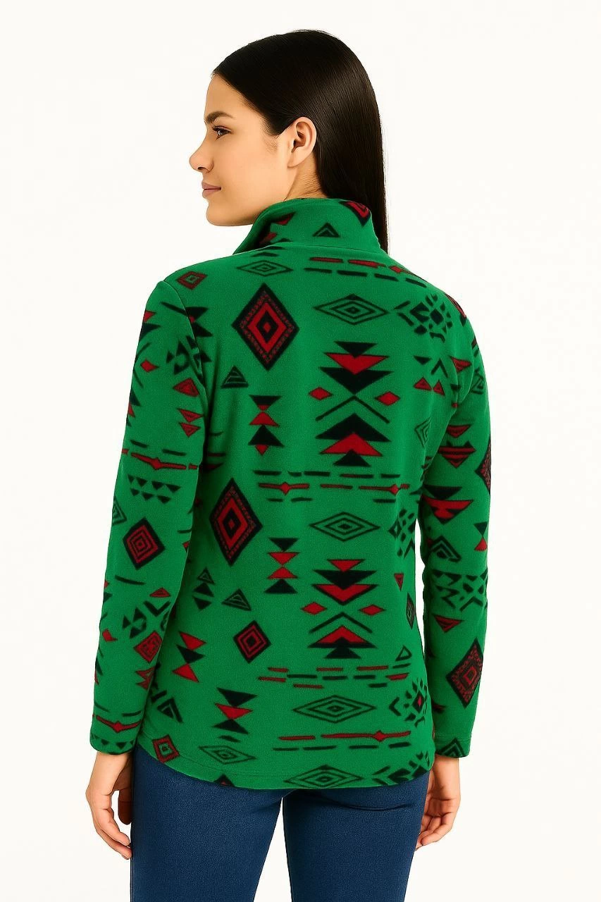 Kadın Yarım Fermuarlı Desenli Polar Sweat Tribal Etnik Desen Yakalı Uzun Kollu - Yeşil