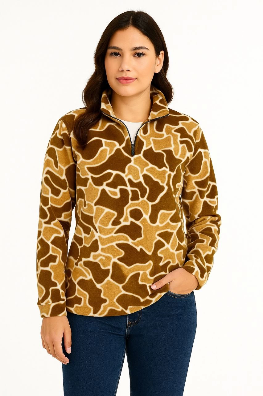 Kadın Yarım Fermuarlı Desenli Polar Sweatshirt Oversize Rahat Kalıp - Kahverengi