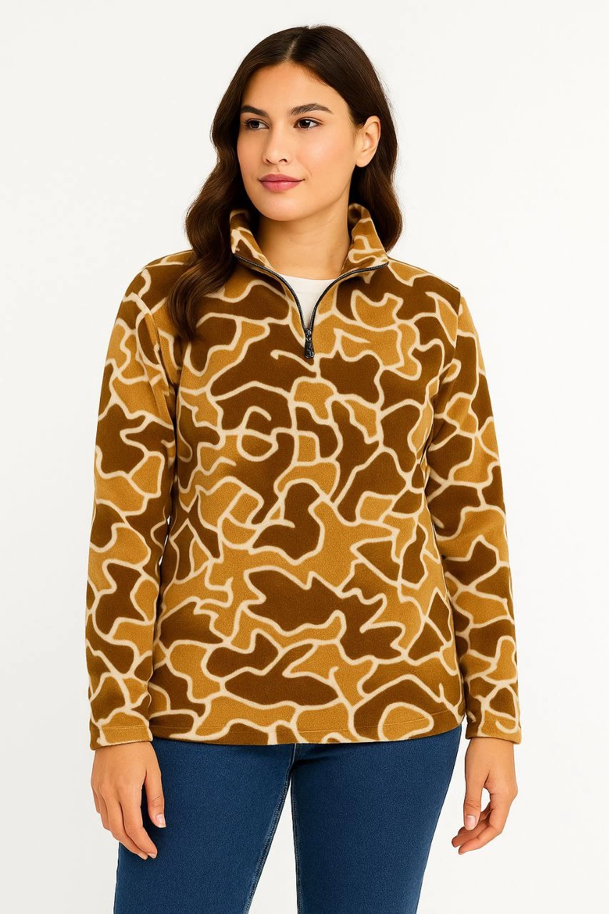 Kadın Yarım Fermuarlı Desenli Polar Sweatshirt Oversize Rahat Kalıp - Kahverengi