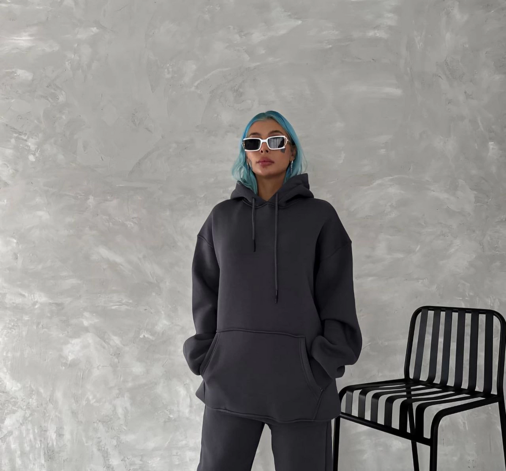Kadın Kapüşonlu Kanguru Cepli 3 İplik Pamuklu Oversize Hoodie Sweatshirt - Füme
