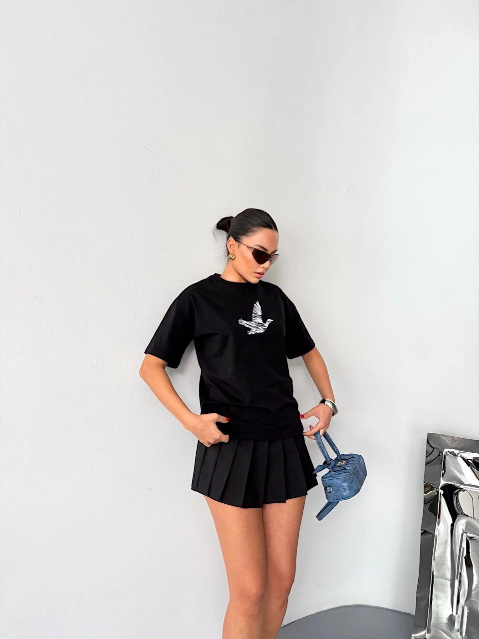 Kadın Kısa Kol Yazlık Tişört Bisiklet Yaka Baskılı Oversize T-Shirt - Siyah