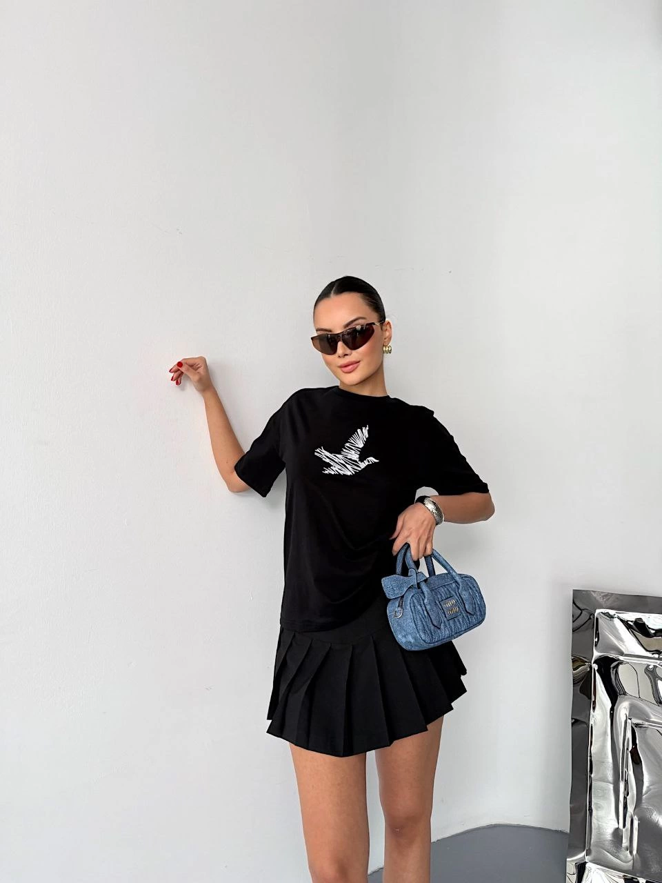 Kadın Kısa Kol Yazlık Tişört Bisiklet Yaka Baskılı Oversize T-Shirt - Siyah